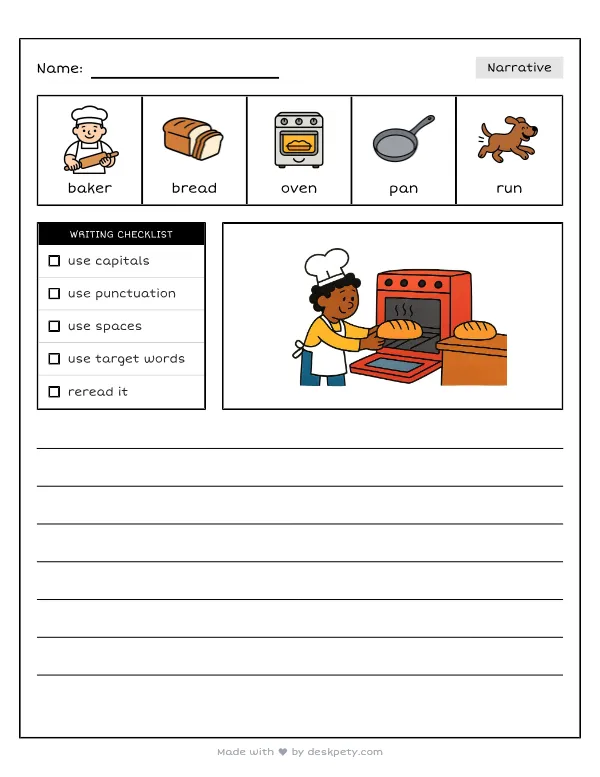 A busy baker pulling fresh, hot bread out of an oven — real worksheet preview with word bank and writing lines