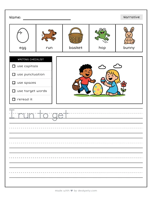 Free printable K-1 narrative writing prompt worksheet - Spring celebrations bring happy smiles because with word bank and handwriting lines