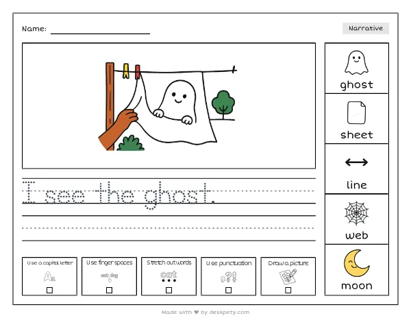 A tiny ghost peeking out from a white bed sheet on a clothesline — real worksheet preview with word bank and writing lines