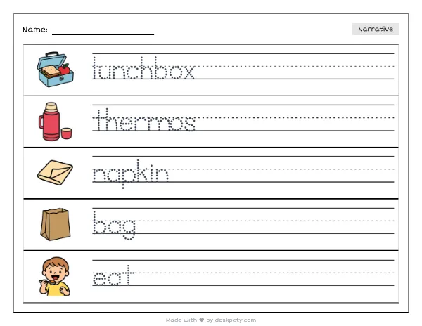 A lunchbox with a thermos and a folded napkin — real worksheet preview with word bank and writing lines