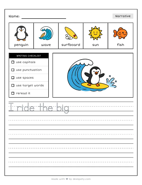A penguin surfing a giant wave on a surfboard — real worksheet preview with word bank and writing lines