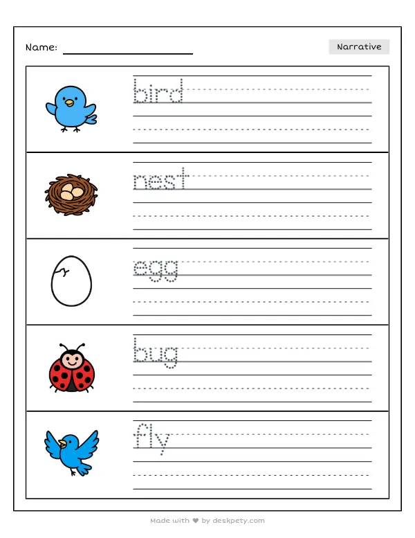 Preview of the a mother bird building a nest and feeding her baby chicks writing worksheet — word bank, tracing lines and checklist (page 1 of 5)