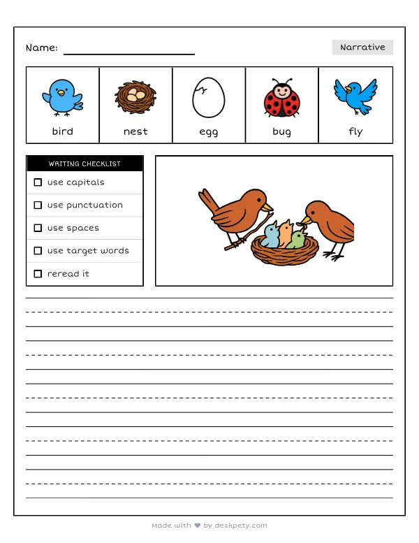 A mother bird building a nest and feeding her baby chicks — real worksheet preview with word bank and writing lines