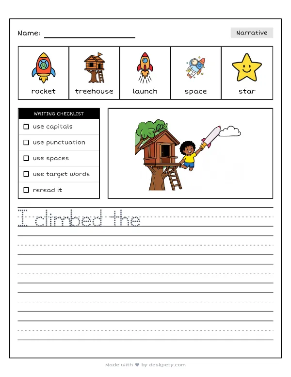 A child launching a paper rocket from a backyard treehouse — real worksheet preview with word bank and writing lines