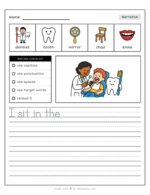 A dentist checking and cleaning a young patient’s teeth — real worksheet preview with word bank and writing lines