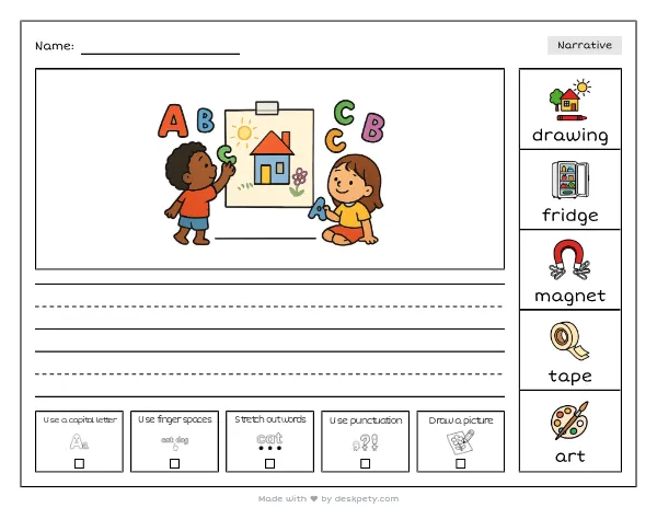 A child's drawing taped to a fridge with alphabet magnets — real worksheet preview with word bank and writing lines
