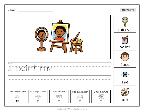A small mirror reflecting a painted self-portrait on an easel — real worksheet preview with word bank and writing lines