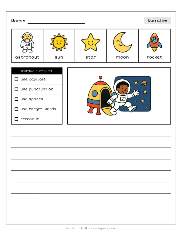 An astronaut stepping out of a spaceship for a dangerous spacewalk — real worksheet preview with word bank and writing lines