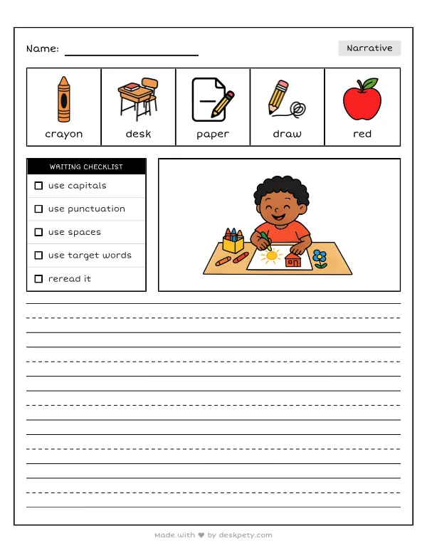 Drawing a beautiful picture with bright wax crayons at a desk — real worksheet preview with word bank and writing lines