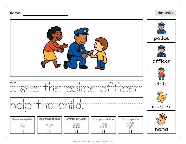 A police officer helping a lost child find their parent — real worksheet preview with word bank and writing lines