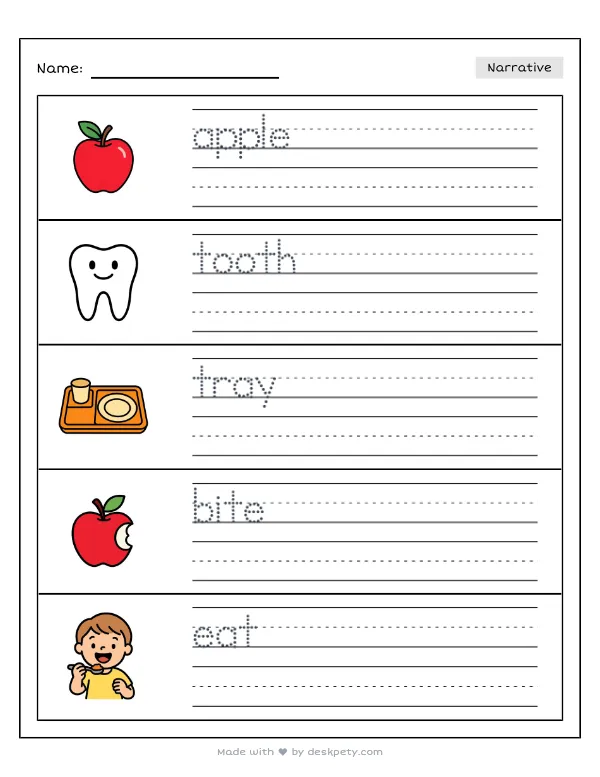 Free printable K-1 narrative writing prompt worksheet - A red apple slice shaped like a tooth on a lunch tray with word bank and handwriting lines