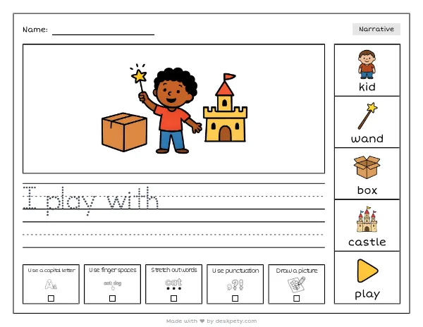 A kid holding a magic wand turning a cardboard box into a castle — real worksheet preview with word bank and writing lines