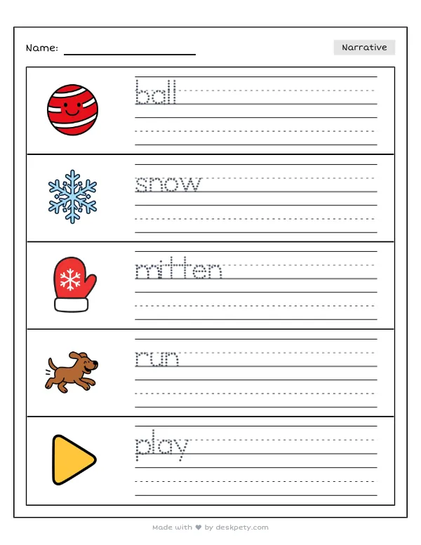 Having an epic snowball fight with neighborhood friends — real worksheet preview with word bank and writing lines