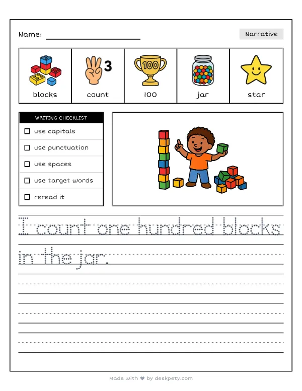 Free printable K-1 narrative writing prompt worksheet - I have learned 100 new things about with word bank and handwriting lines