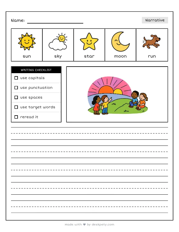A planet with two suns setting on its horizon — real worksheet preview with word bank and writing lines