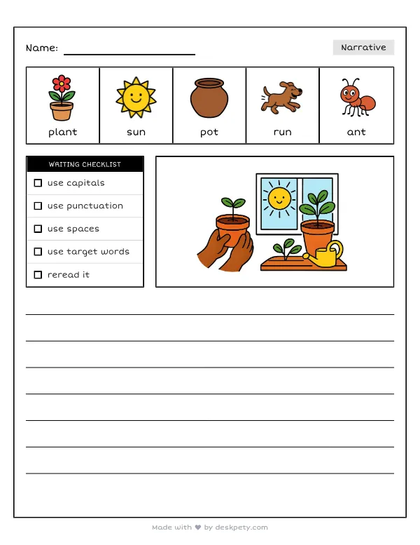 A small plant being carefully moved to a sunnier windowsill — real worksheet preview with word bank and writing lines