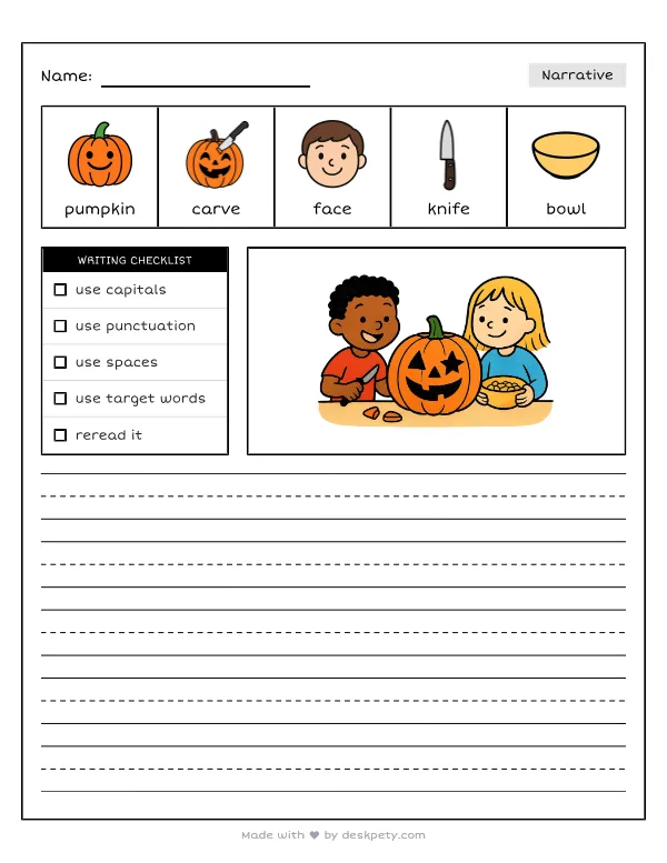 Carving a spooky and silly jack-o'-lantern face — real worksheet preview with word bank and writing lines