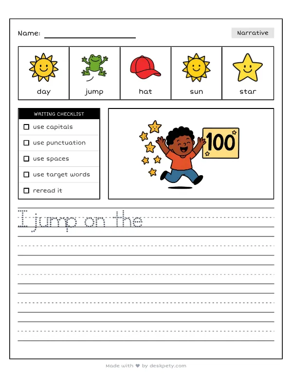 Free printable K-1 narrative writing prompt worksheet - On the 100th day of school I feel with word bank and handwriting lines