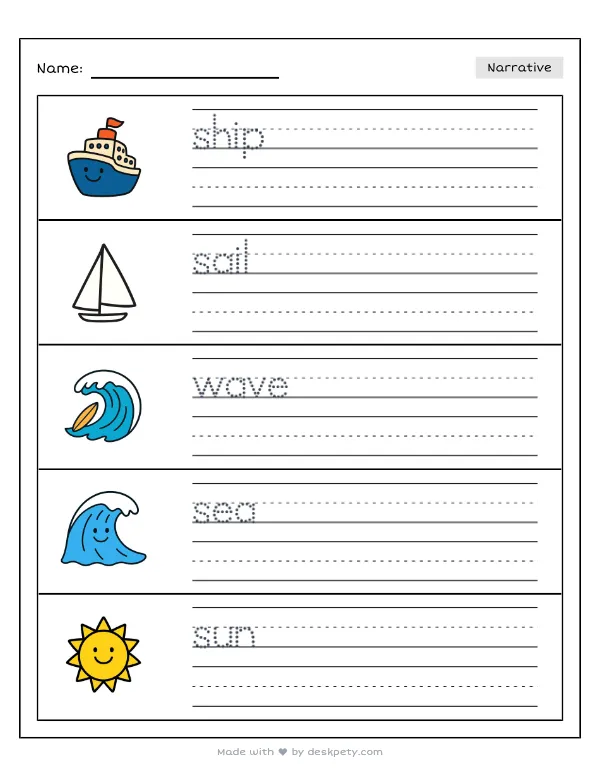 Pilgrims sailing across the ocean on the Mayflower ship — real worksheet preview with word bank and writing lines