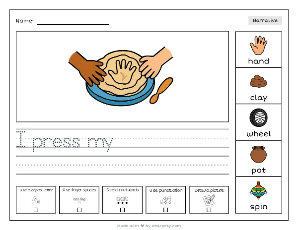 A handprint in wet clay on a pottery wheel — real worksheet preview with word bank and writing lines
