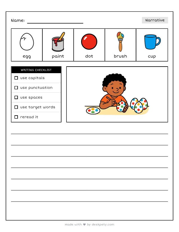 Free printable K-1 narrative writing prompt worksheet - Decorating hard-boiled eggs with bright polka dots with word bank and handwriting lines