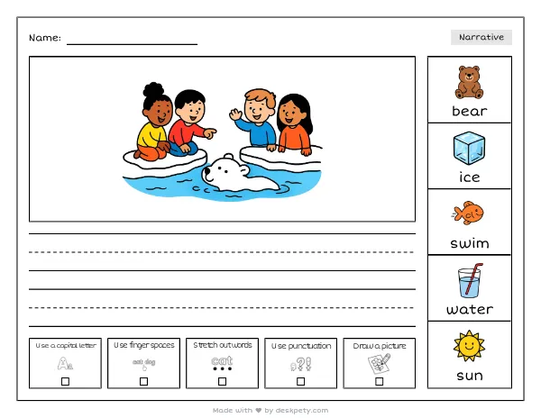 A polar bear swimming between ice floes — real worksheet preview with word bank and writing lines
