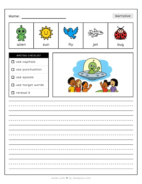 A friendly, green alien waving from a flying saucer — real worksheet preview with word bank and writing lines