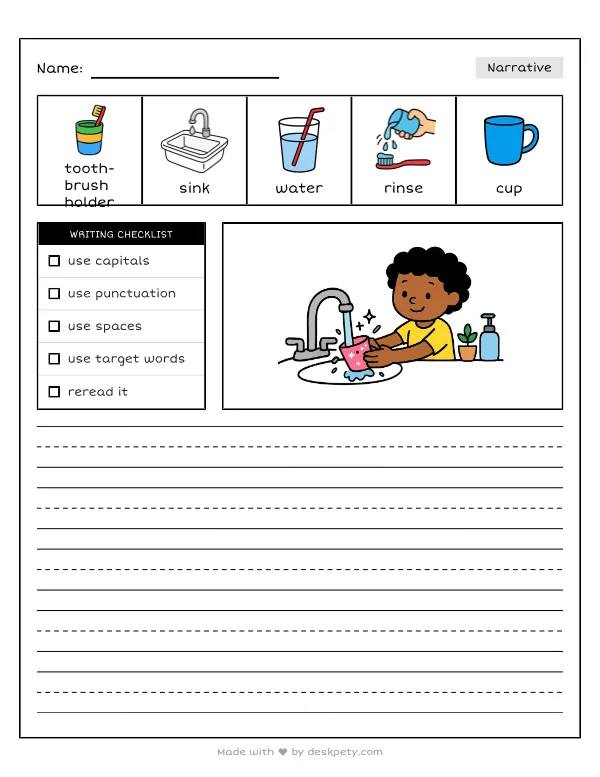 Free printable K-1 narrative writing prompt worksheet - Rinsing a sparkly pink toothbrush holder in the bathroom sink with word bank and handwriting lines