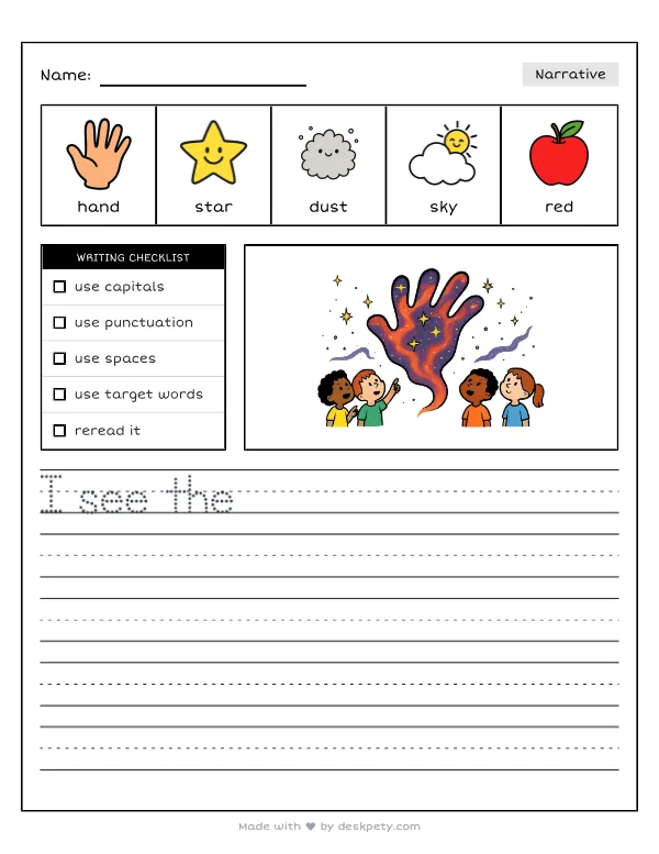 A swirling nebula shaped like a giant cosmic hand — real worksheet preview with word bank and writing lines