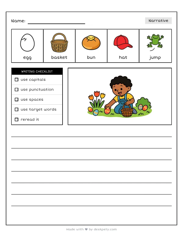 Free printable K-1 narrative writing prompt worksheet - On a sunny Easter morning our family likes to with word bank and handwriting lines