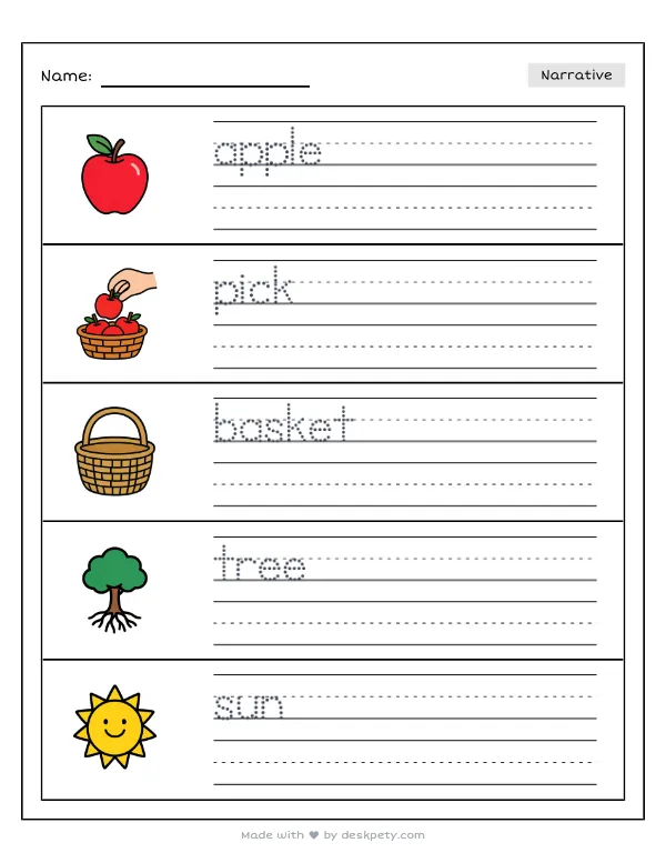 Picking ripe apples at the local apple orchard — real worksheet preview with word bank and writing lines