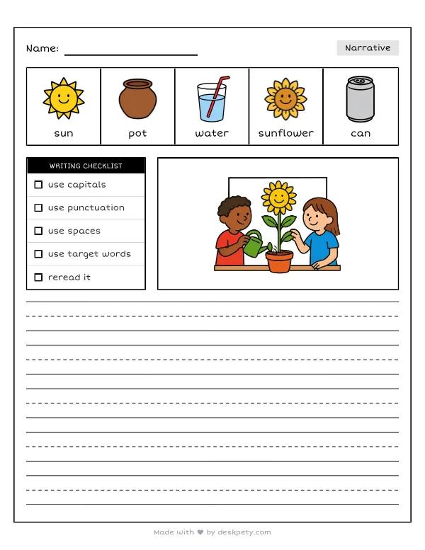Watering a tall sunflower in a classroom window box together — real worksheet preview with word bank and writing lines
