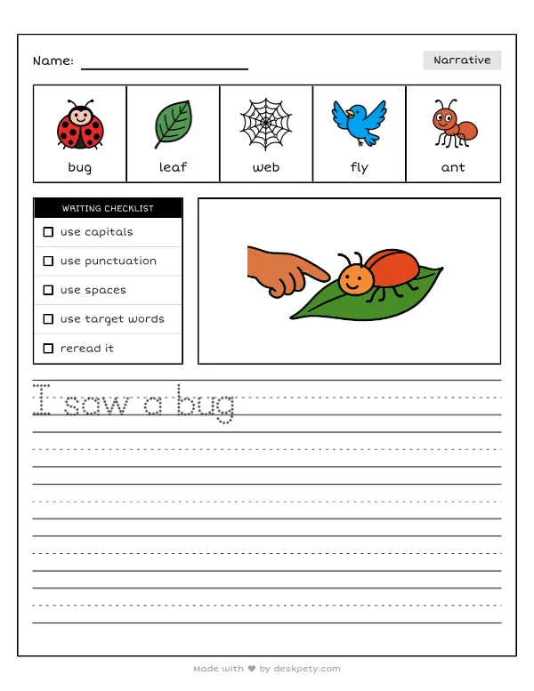 Free printable K-1 narrative writing prompt worksheet - Crawling on a green leaf I saw a with word bank and handwriting lines