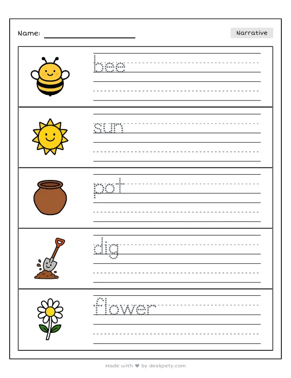 Free printable K-1 narrative writing prompt worksheet - A sweet honeybee visiting the blossoms can with word bank and handwriting lines