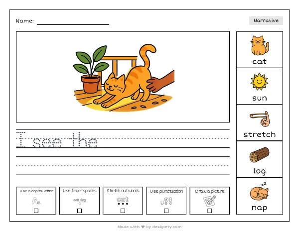 a cat stretching in a patch of warm sunlight on a wooden porch — real worksheet preview with word bank and writing lines
