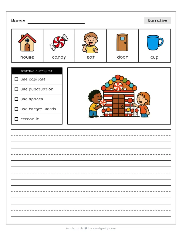 If I lived in a giant house made entirely of sweet candy — real worksheet preview with word bank and writing lines