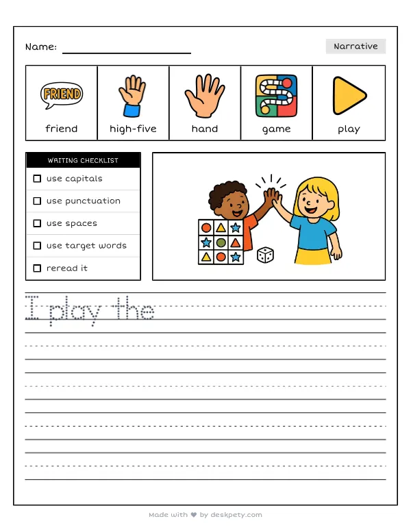 Giving a high-five to a friend after playing a fun math game — real worksheet preview with word bank and writing lines