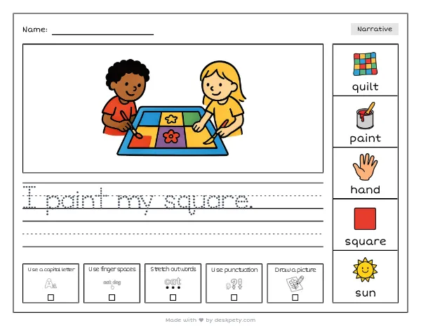 A shared class quilt with hand-painted squares — real worksheet preview with word bank and writing lines