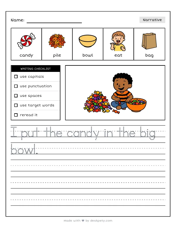Sorting out a massive pile of sweet Halloween candy — real worksheet preview with word bank and writing lines