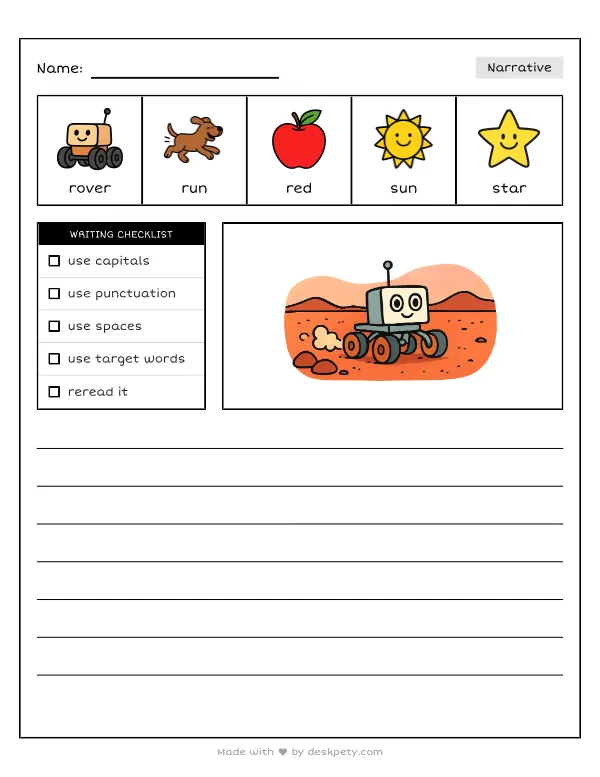 A robotic rover driving across the red dirt of Mars — real worksheet preview with word bank and writing lines