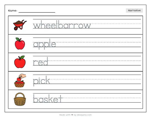 Free printable Kindergarten write and draw worksheet - A wheelbarrow full of freshly picked apples tracing sentence and coloring page (page 1 of 4)