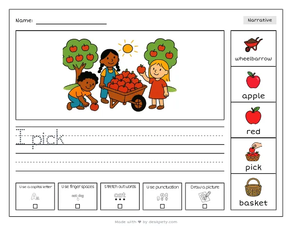 A wheelbarrow full of freshly picked apples — real worksheet preview with word bank and writing lines