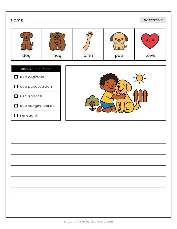 Giving your favorite pet a big, warm hug — real worksheet preview with word bank and writing lines