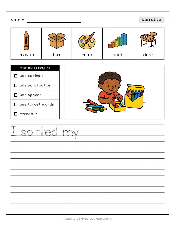 Arranging brand new crayons by color in a fresh crayon box — real worksheet preview with word bank and writing lines