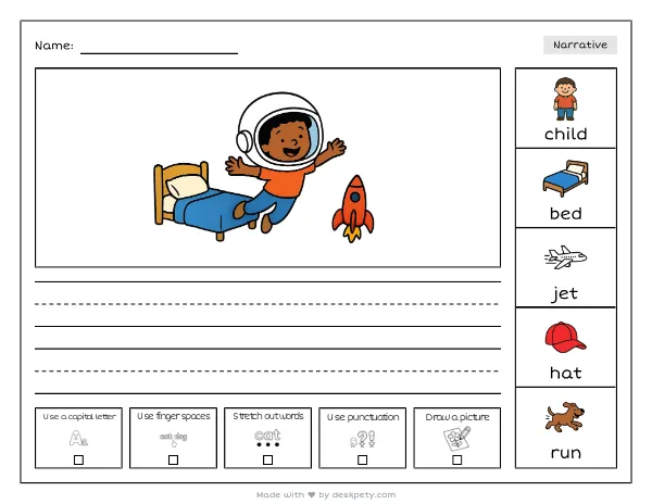 A child wearing a giant astronaut helmet floating above a bed — real worksheet preview with word bank and writing lines