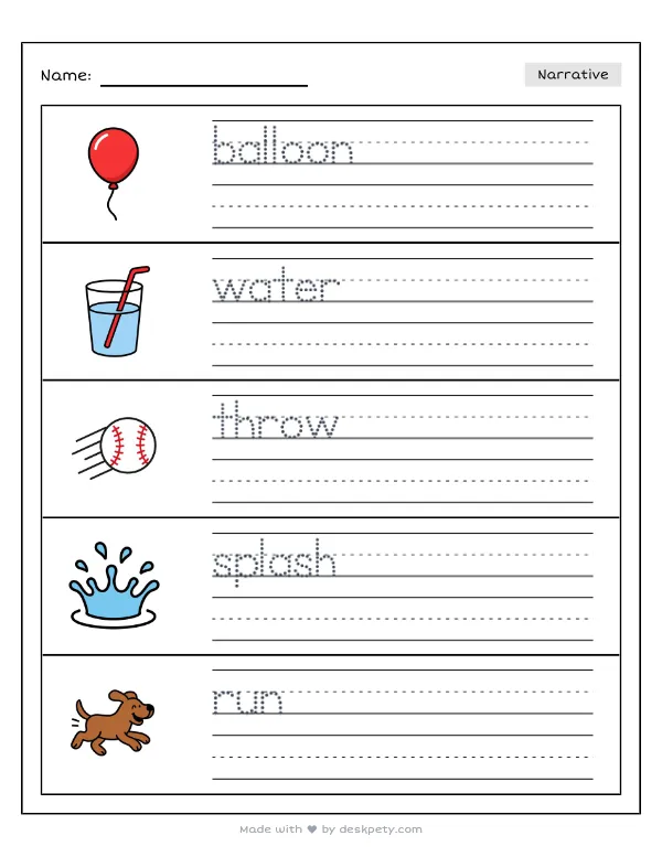 Having an epic water balloon fight in the backyard — real worksheet preview with word bank and writing lines