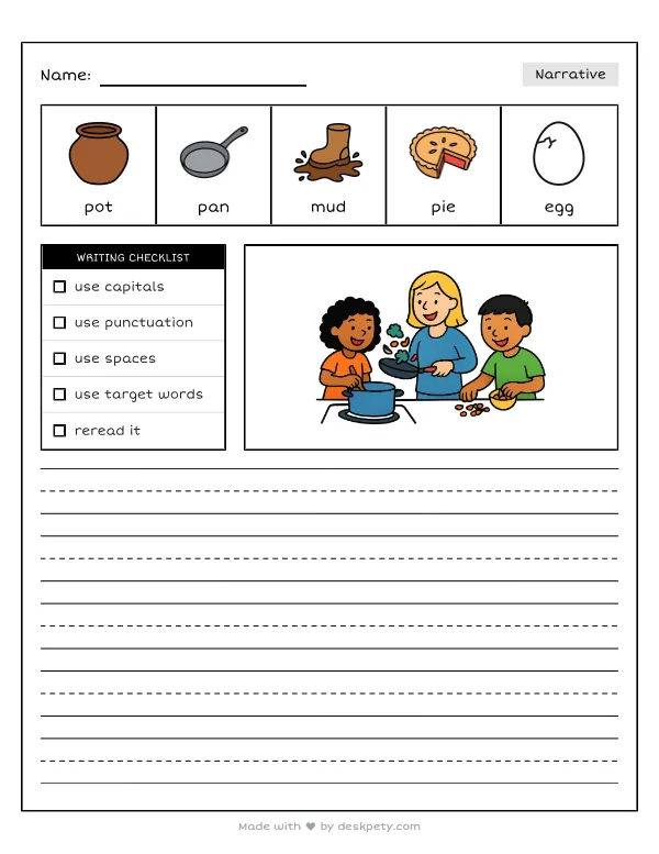 Free printable K-1 narrative writing prompt worksheet - Cooking dinner with my family is fun because with word bank and handwriting lines