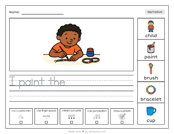 A child painting a friendship bracelet with tiny brushes — real worksheet preview with word bank and writing lines