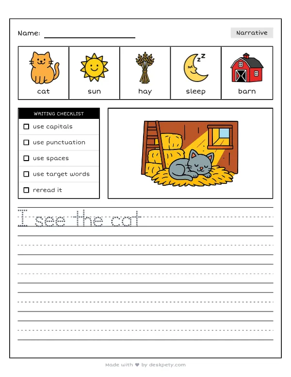 Free printable K-1 narrative writing prompt worksheet - A gray kitten napping in a sunlit hayloft with word bank and handwriting lines