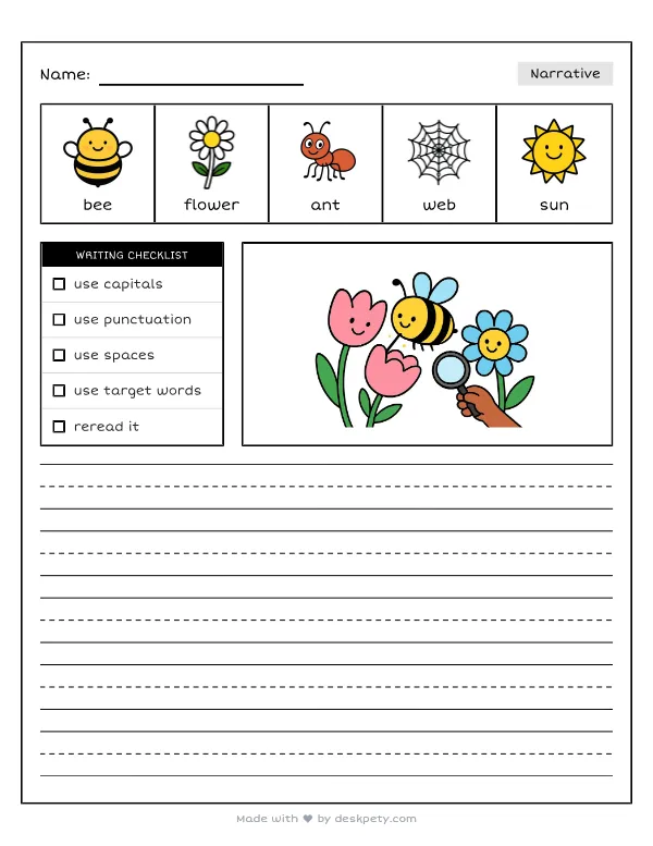 A busy bee collecting sweet nectar from a spring flower — real worksheet preview with word bank and writing lines